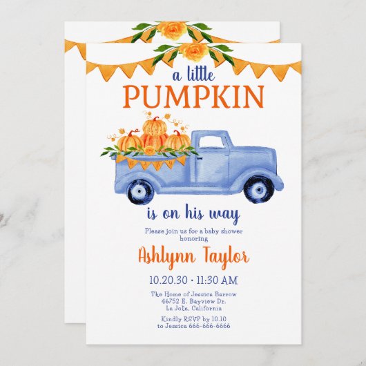 小さなかぼちゃの男の子の赤ちゃんシャワーすべて1つの 招待状 (正面/裏面)