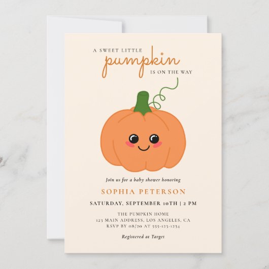 小さなかぼちゃの男女兼用秋の赤ちゃんシャワー 招待状 (正面)
