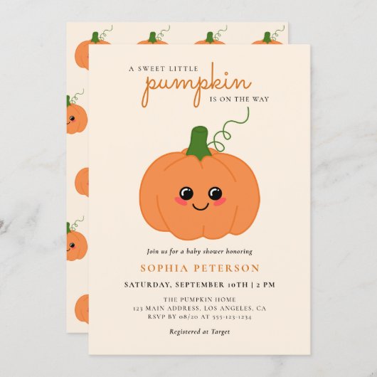 小さなかぼちゃの男女兼用秋の赤ちゃんシャワー 招待状 (正面/裏面)