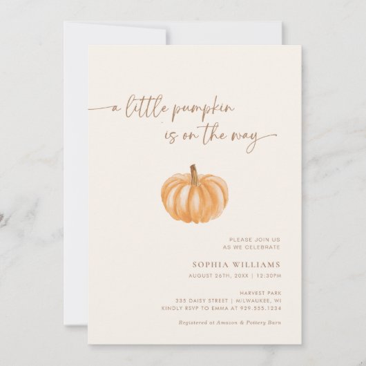 小さなかぼちゃの男女兼用秋の赤ちゃんシャワー 招待状 (正面)