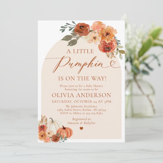 小さなかぼちゃの秋かわいい赤ちゃんシャワー招待状 招待状 (スタンド正面)