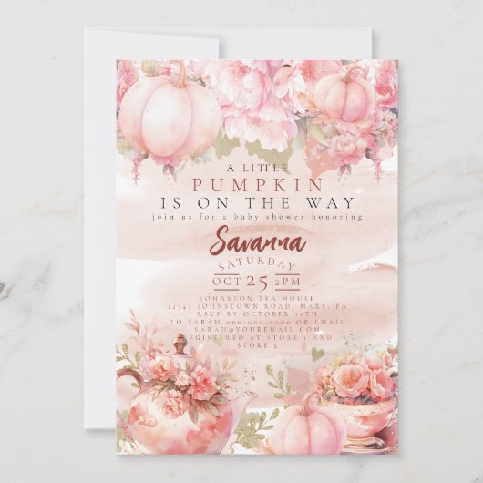 小さなかぼちゃの秋の秋フローラピンクの誕生日 招待状 (正面)