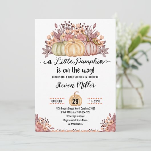 小さなかぼちゃの秋の秋花赤ちゃんシャワー 招待状 (スタンド正面)