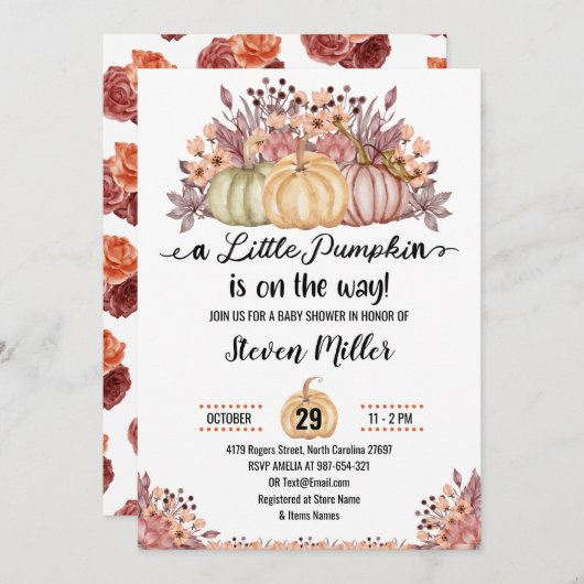 小さなかぼちゃの秋の秋花赤ちゃんシャワー 招待状 (正面/裏面)