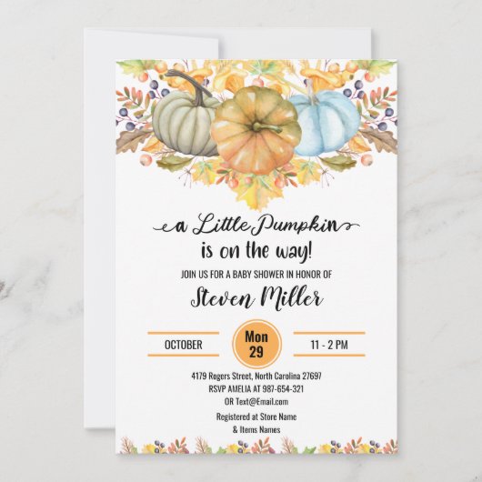 小さなかぼちゃの秋の秋花赤ちゃんシャワー 招待状 (正面)