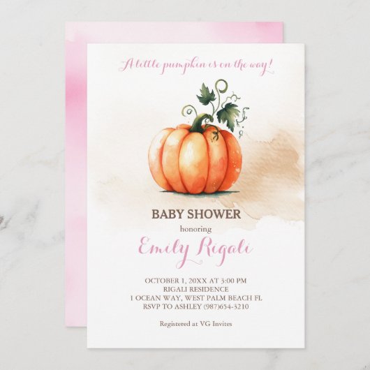 小さなかぼちゃの秋の秋赤ちゃんシャワー 招待状 (正面/裏面)