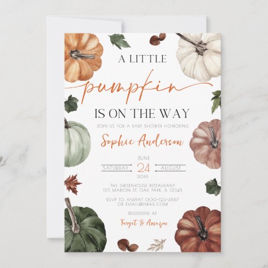 小さなかぼちゃの秋の秋赤ちゃんシャワー 招待状 (正面)