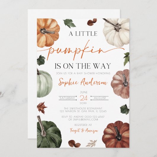 小さなかぼちゃの秋の秋赤ちゃんシャワー 招待状 (正面/裏面)