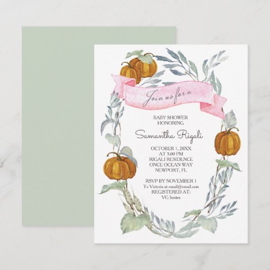 小さなかぼちゃの秋の紅葉赤ちゃんシャワー 招待状 (正面/裏面)