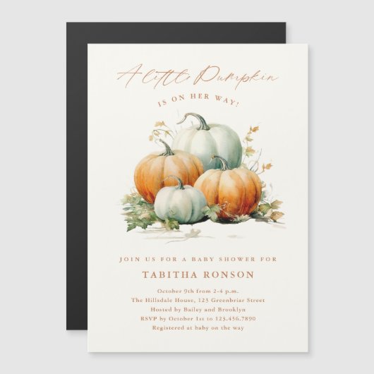 小さなかぼちゃの秋の赤ちゃんシャワー マグネット招待状 (正面/裏面)