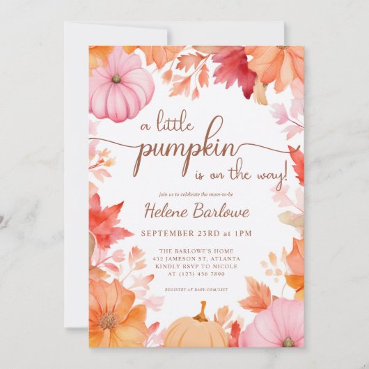 小さなかぼちゃの秋の赤ちゃんシャワー 招待状 (正面)
