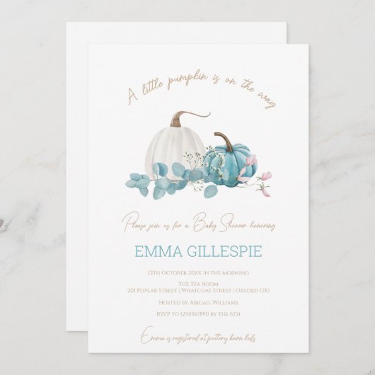 小さなかぼちゃの秋の赤ちゃんシャワー 招待状 (正面/裏面)