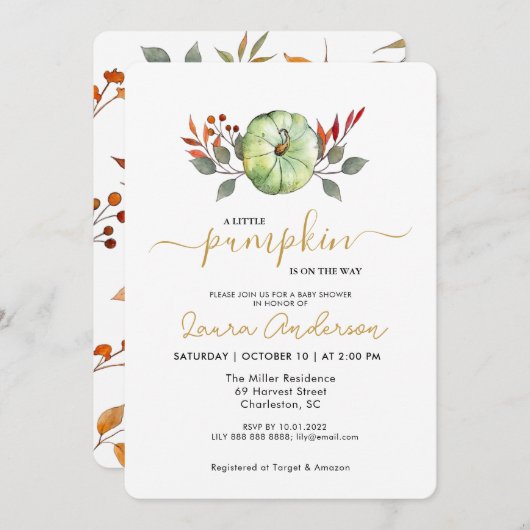 小さなかぼちゃの秋の赤ちゃんシャワー 招待状 (正面/裏面)