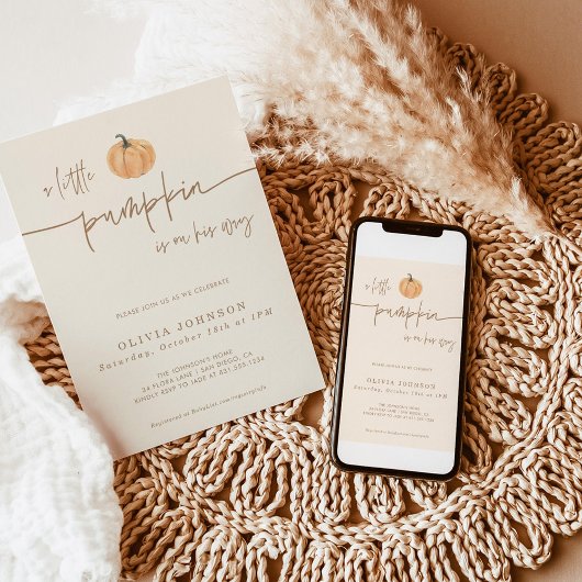 小さなかぼちゃの秋の赤ちゃんシャワー、男の子のシャワー 招待状