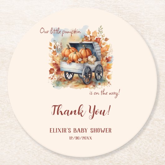 小さなかぼちゃの秋の赤ちゃんシャワー |男女兼用 | ラウンドペーパーコースター (正面)