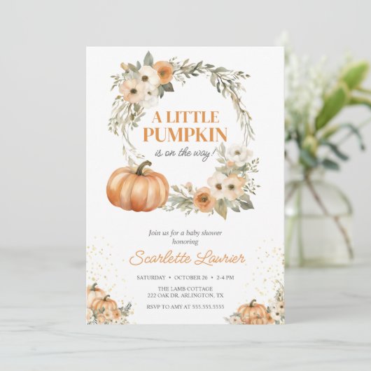 小さなかぼちゃの秋の赤ちゃんシャワー |男女兼用 | 招待状 (スタンド正面)