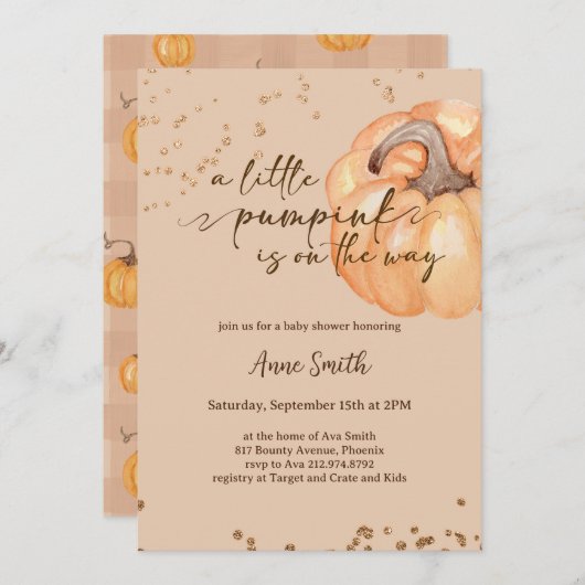 小さなかぼちゃの秋の赤ちゃんシャワー |男女兼用 | 招待状 (正面/裏面)