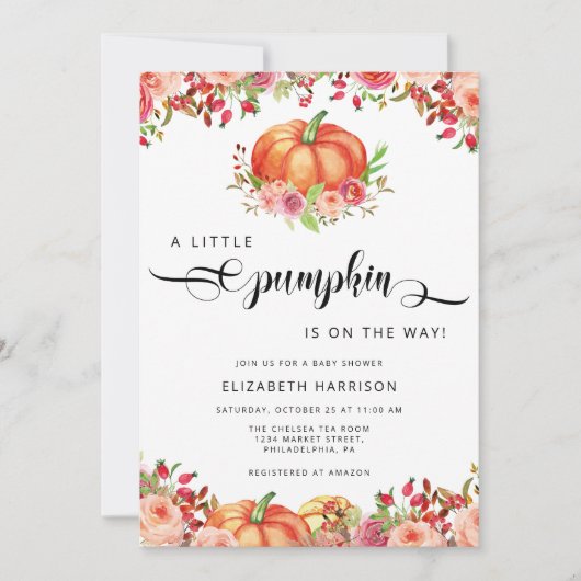 小さなかぼちゃの秋の赤ちゃんシャワー |男女兼用 | 招待状 (正面)