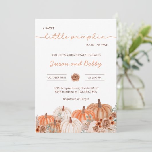小さなかぼちゃの秋の赤ちゃんシャワー |男女兼用 | 招待状 (スタンド正面)