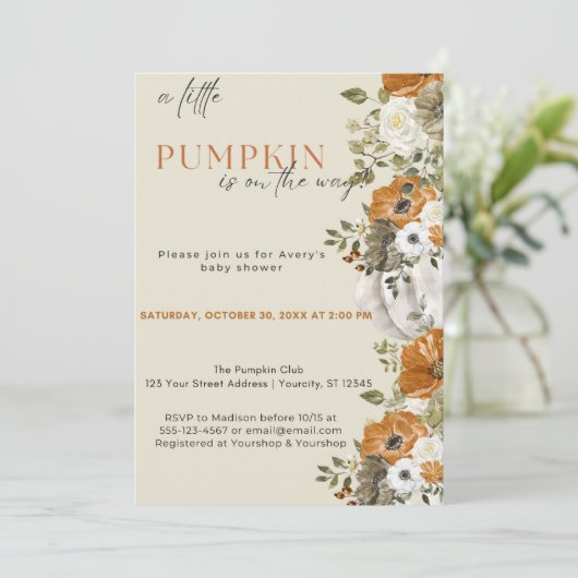 小さなかぼちゃの秋の赤ちゃんシャワー |男女兼用 | 招待状 (スタンド正面)