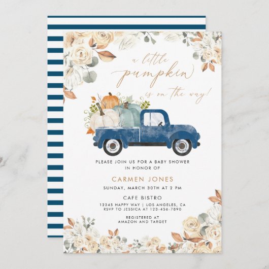 小さなかぼちゃの秋の赤ちゃんシャワー |青トラック 招待状 (正面/裏面)