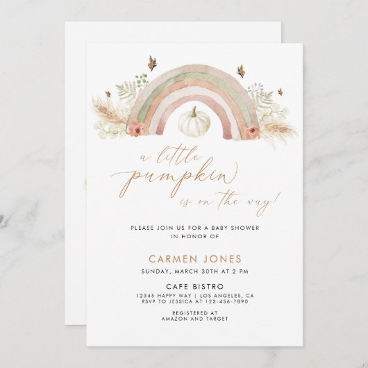 小さなかぼちゃの秋の赤ちゃん男女兼用シャワー 招待状 (正面/裏面)