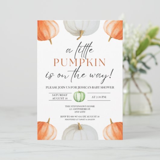 小さなかぼちゃの秋の赤ちゃん男女兼用シャワー 招待状 (スタンド正面)