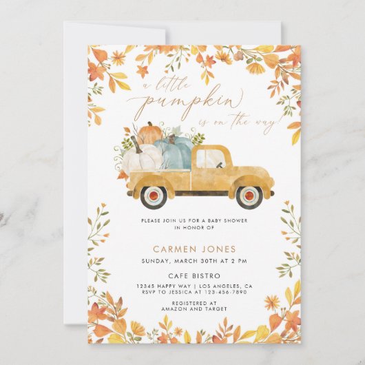 小さなかぼちゃの秋の赤ちゃん男女兼用シャワー 招待状 (正面)