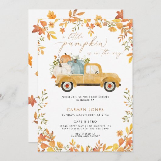 小さなかぼちゃの秋の赤ちゃん男女兼用シャワー 招待状 (正面/裏面)