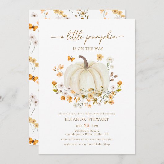 小さなかぼちゃの秋の赤ちゃん男女兼用シャワー 招待状 (正面/裏面)