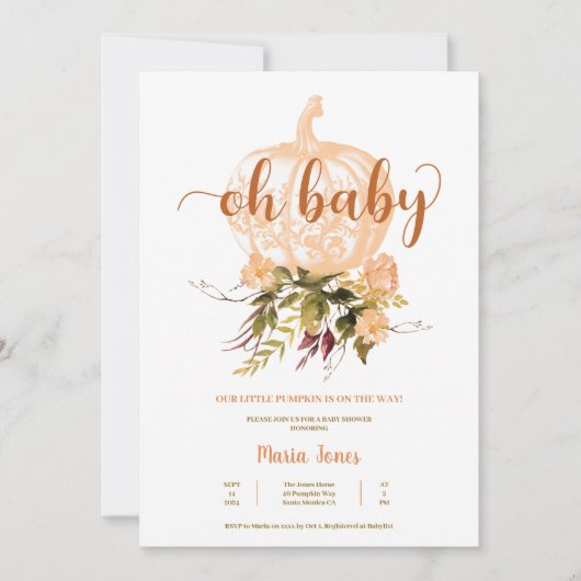 小さなかぼちゃの秋の赤ちゃん男女兼用シャワー 招待状 (正面)