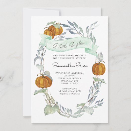 小さなかぼちゃの秋の赤ちゃん男女兼用シャワー 招待状 (正面)