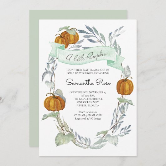 小さなかぼちゃの秋の赤ちゃん男女兼用シャワー 招待状 (正面/裏面)