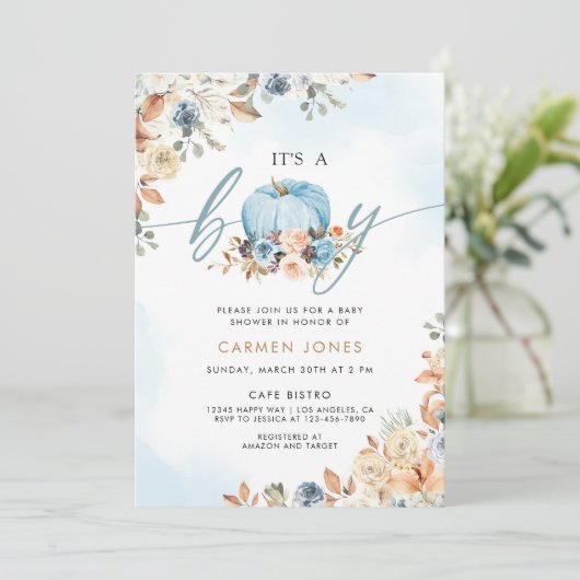 小さなかぼちゃの秋の赤ちゃん男女兼用シャワー 招待状 (スタンド正面)