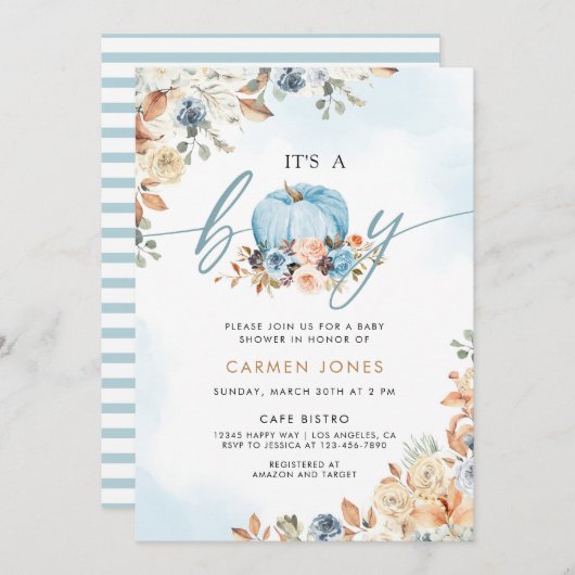 小さなかぼちゃの秋の赤ちゃん男女兼用シャワー 招待状 (正面/裏面)