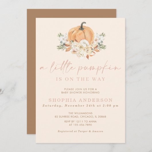 小さなかぼちゃの秋ピンクの女の子ベビーシャワー 招待状 (正面/裏面)