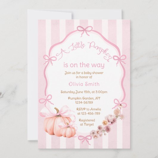 小さなかぼちゃの秋ピンクベビーシャワー招待状 招待状 (正面)
