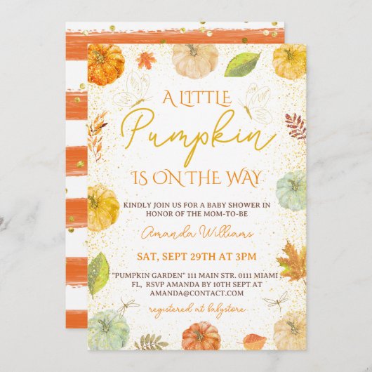 小さなかぼちゃの秋フローラベビーシャワーガール 招待状 (正面/裏面)