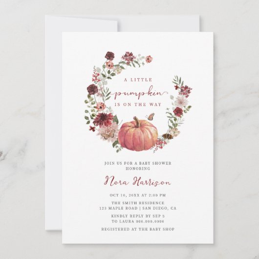 小さなかぼちゃの秋フローラリースベビーシャワー 招待状 (正面)