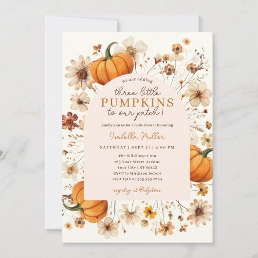 小さなかぼちゃの秋フローラ三つ子シャワー 招待状 (正面)