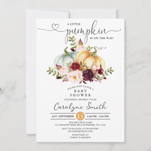 小さなかぼちゃの秋フローラ赤ちゃんシャワー 招待状 (正面)