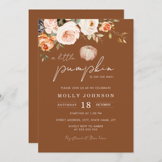 小さなかぼちゃの秋中立ベイビーシャワー 招待状 (正面/裏面)