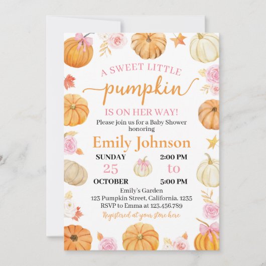 小さなかぼちゃの秋女の子ベイビーシャワー 招待状 (正面)