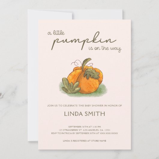 小さなかぼちゃの秋女の子ベイビーシャワー 招待状 (正面)