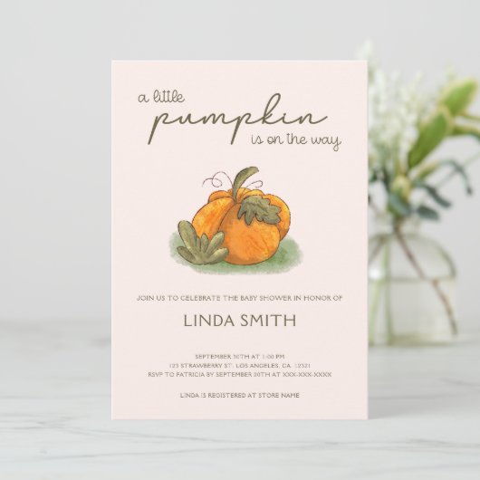 小さなかぼちゃの秋女の子ベイビーシャワー 招待状 (スタンド正面)