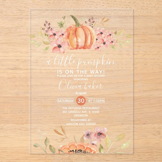 小さなかぼちゃの秋秋のフローラ赤ちゃんシャワー アクリル招待状 (正面)