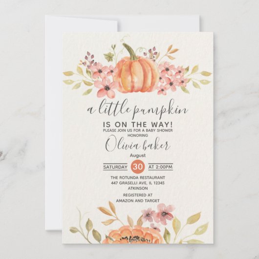 小さなかぼちゃの秋秋のフローラ赤ちゃんシャワー 招待状 (正面)