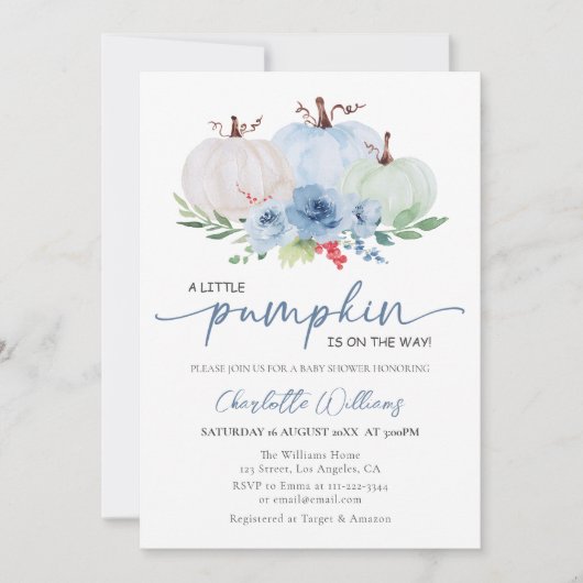 小さなかぼちゃの秋秋のブルーボーイベビーシャワー 招待状 (正面)