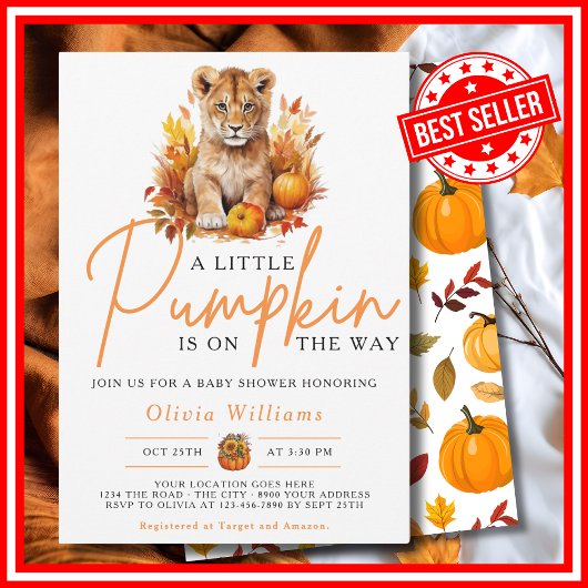 小さなかぼちゃの秋秋のライオンCUB赤ちゃんシャワー 招待状