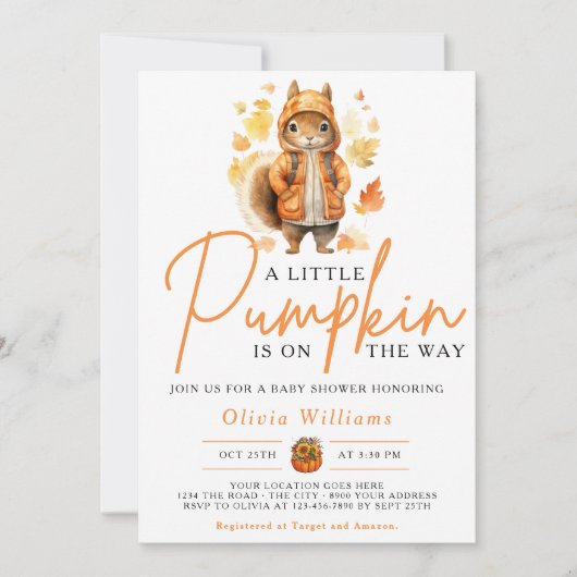 小さなかぼちゃの秋秋のリスの赤ちゃんシャワー 招待状 (正面)
